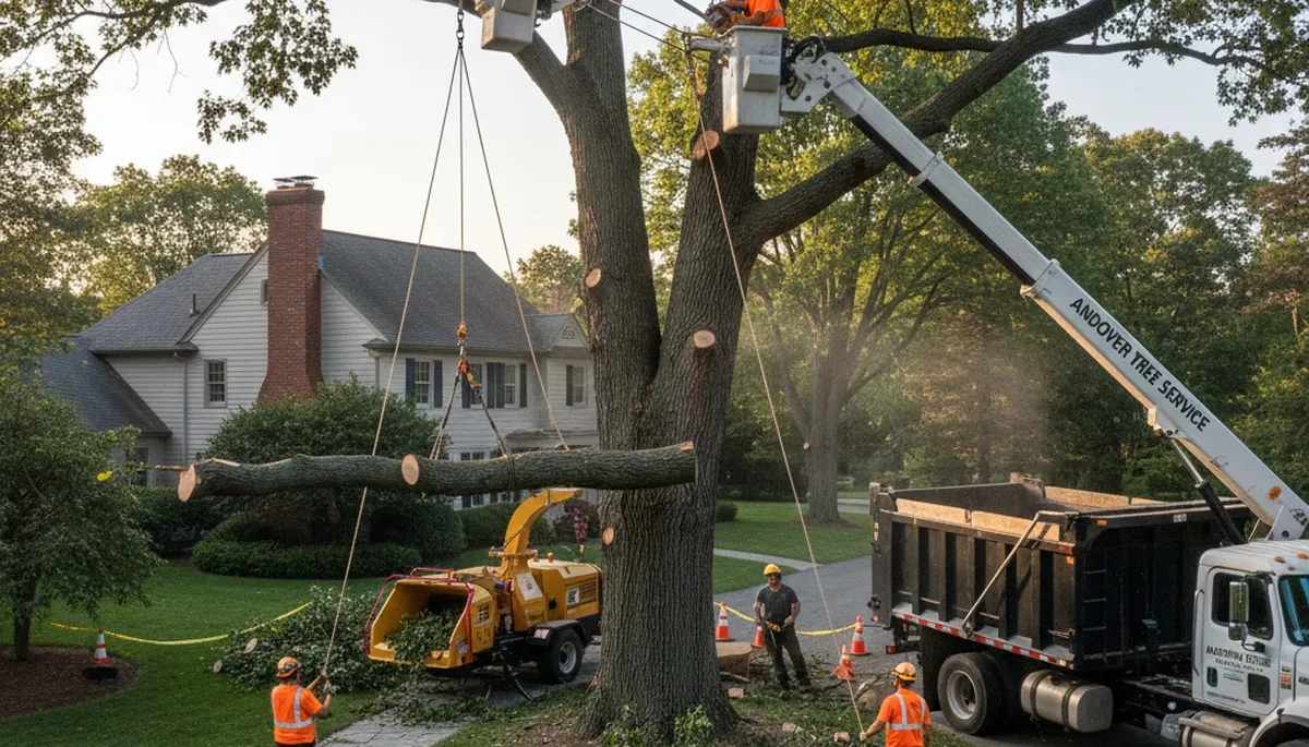 Professional tree removal crew using bucket truck and saws at residential property in Andover, MA