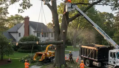 Professional tree removal crew using bucket truck and saws at residential property in Andover, MA