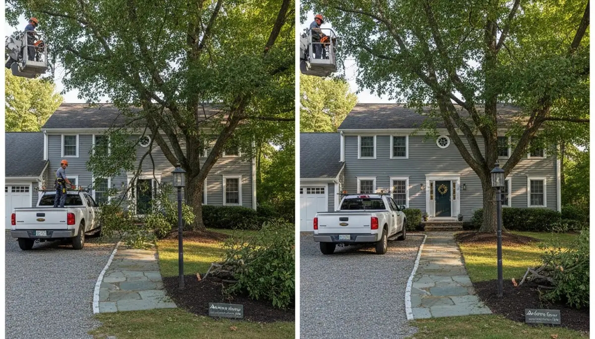 Arborist lifting tree canopy for better driveway clearance during trimming service in Andover, MA