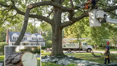 Arborist performing deadwood removal on mature tree with safety gear in Andover, MA