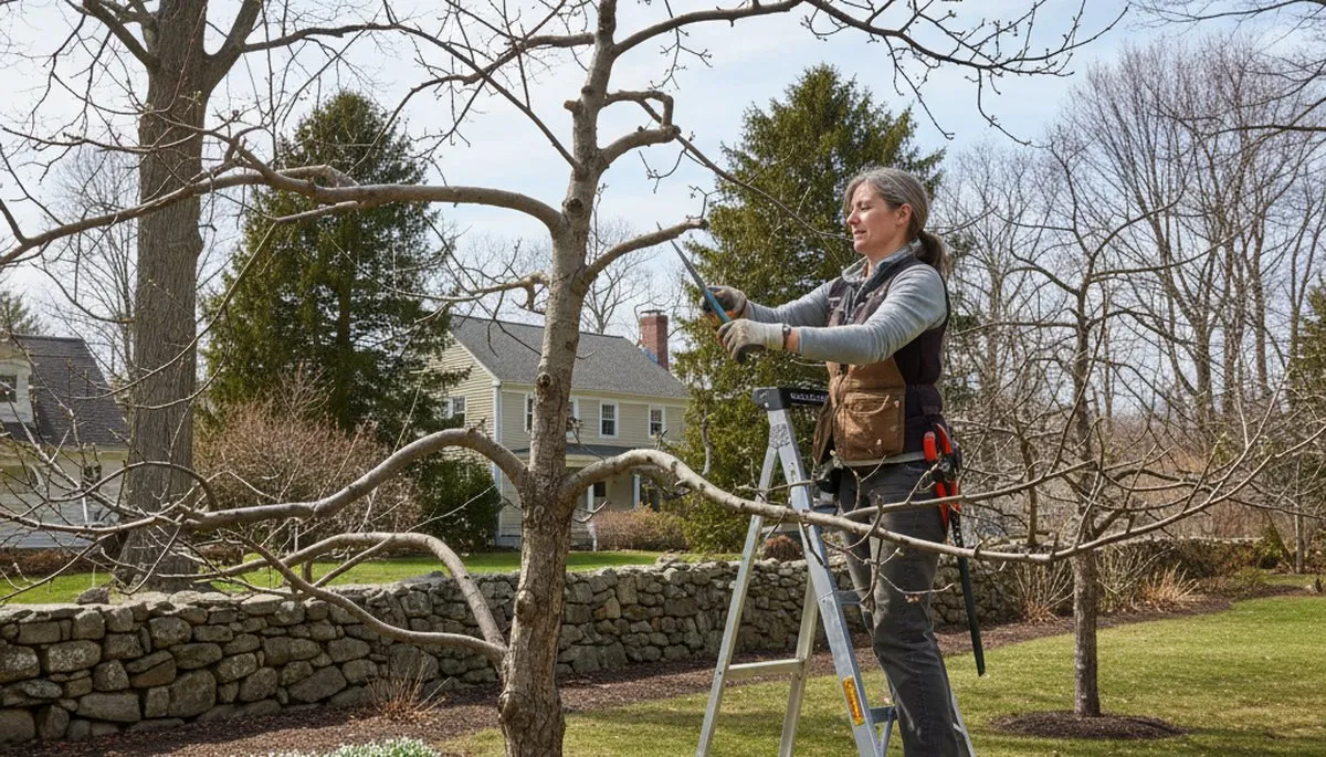 Arborist pruning fruit tree with professional tools in Andover, MA backyard for optimal growth