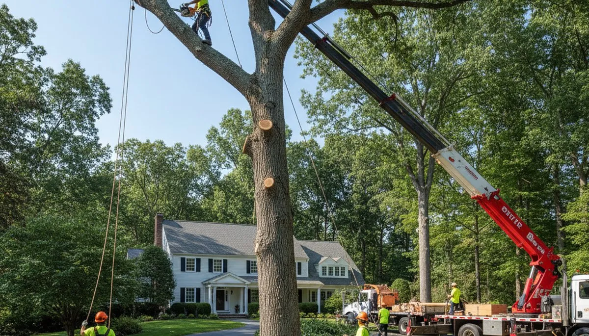 Arborists performing large tree removal with bucket truck in Boxford, MA for Andover tree service crew
