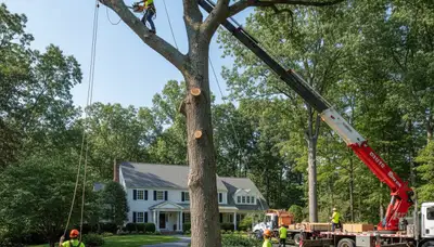 Arborists performing large tree removal with bucket truck in Boxford, MA for Andover tree service crew
