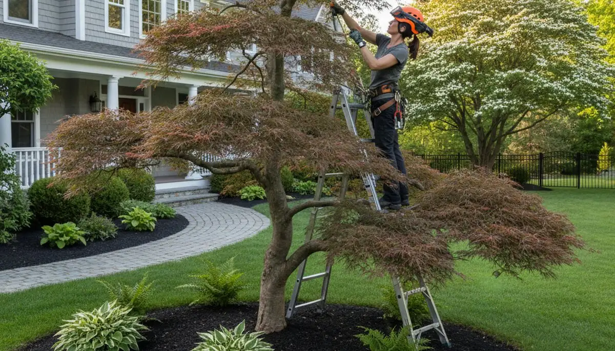 Arborist hand pruning ornamental Japanese maple in Andover MA landscape for expert tree care services