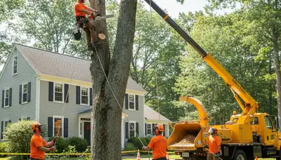 Professional arborists performing safe shrub removal with equipment in Andover, MA