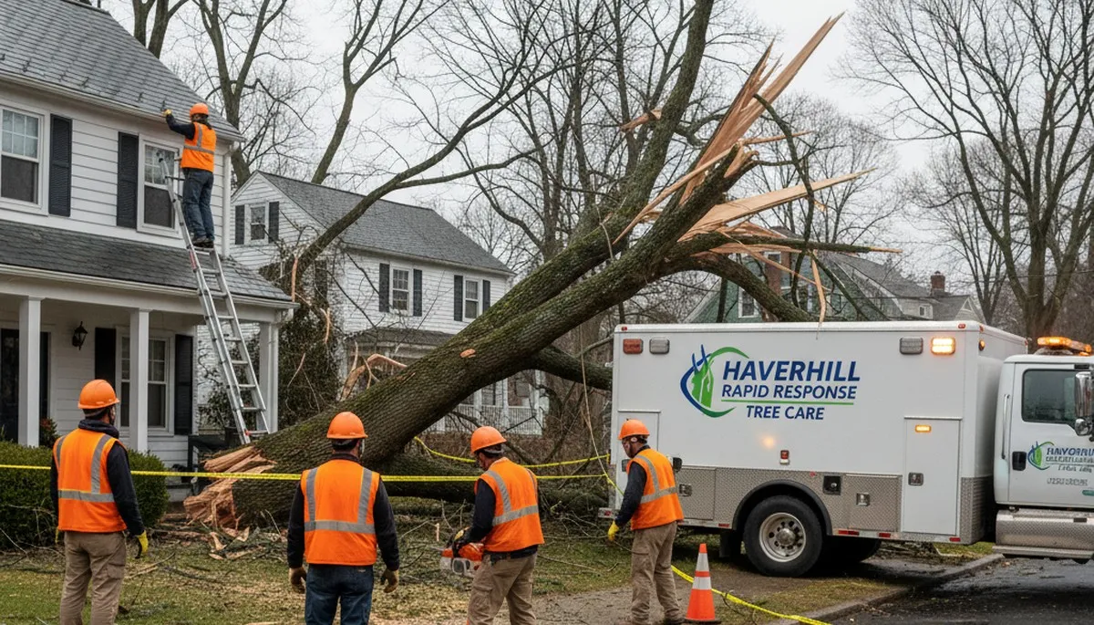 Emergency tree removal crew clearing storm damage for homeowners in Andover, MA