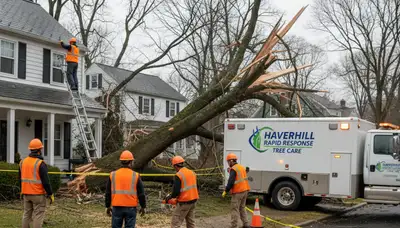 Emergency tree removal crew clearing storm damage for homeowners in Andover, MA