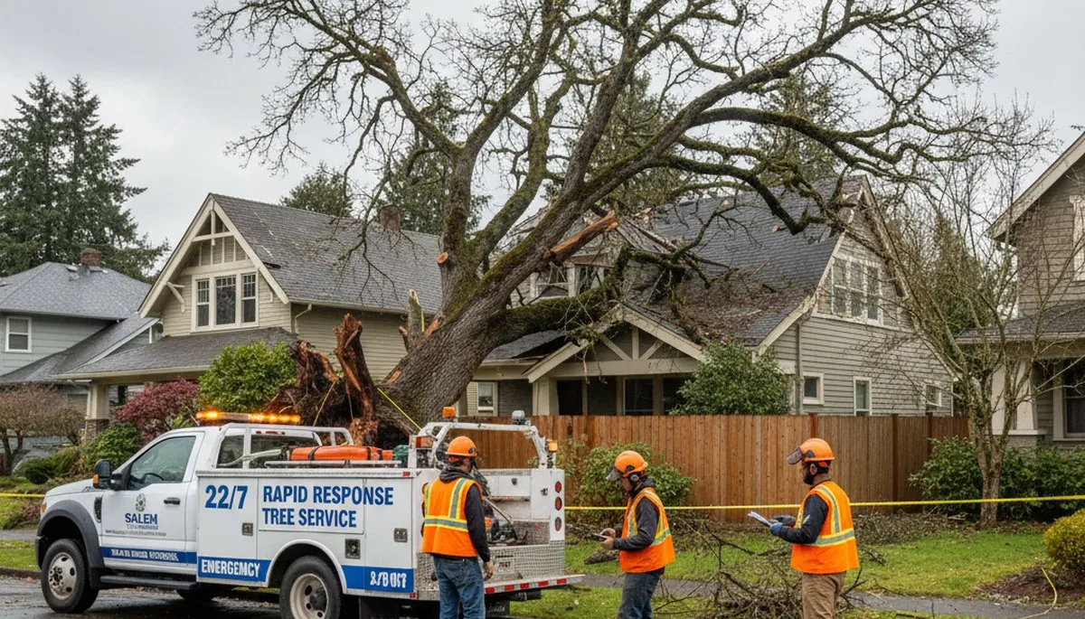 Emergency tree removal crew clearing storm damage and fallen trees in Andover, MA residential area