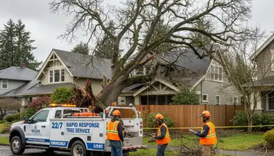 Emergency tree removal crew clearing storm damage and fallen trees in Andover, MA residential area