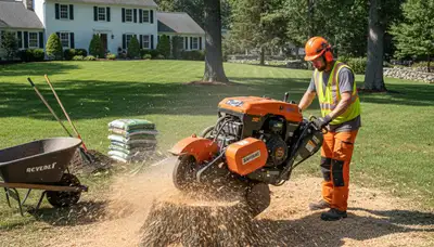 Professional stump grinding service removing tree stump in Boxford, MA by Andover Tree Service experts
