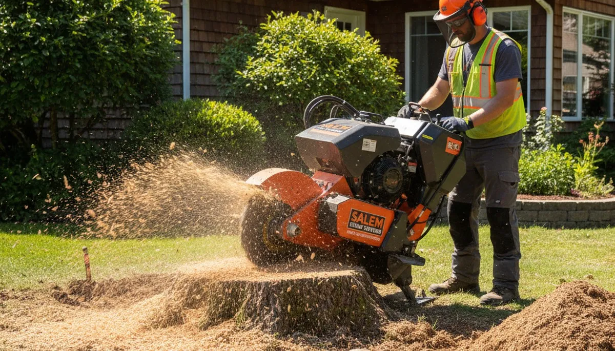 Professional stump grinding service removing tree stumps in Andover, MA for lawn restoration