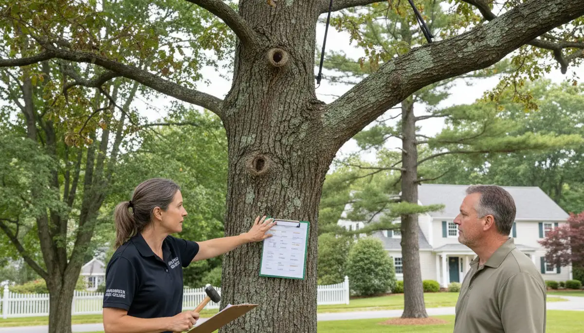 Certified arborist performing tree health assessment for homeowners in Andover, MA