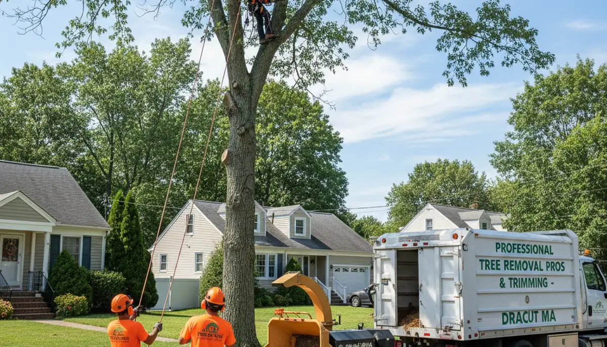 Professional tree removal service crew in Andover MA safely cutting and clearing large oak tree