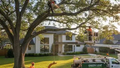 Arborist trimming oak tree branches in residential yard, professional tree service Andover MA