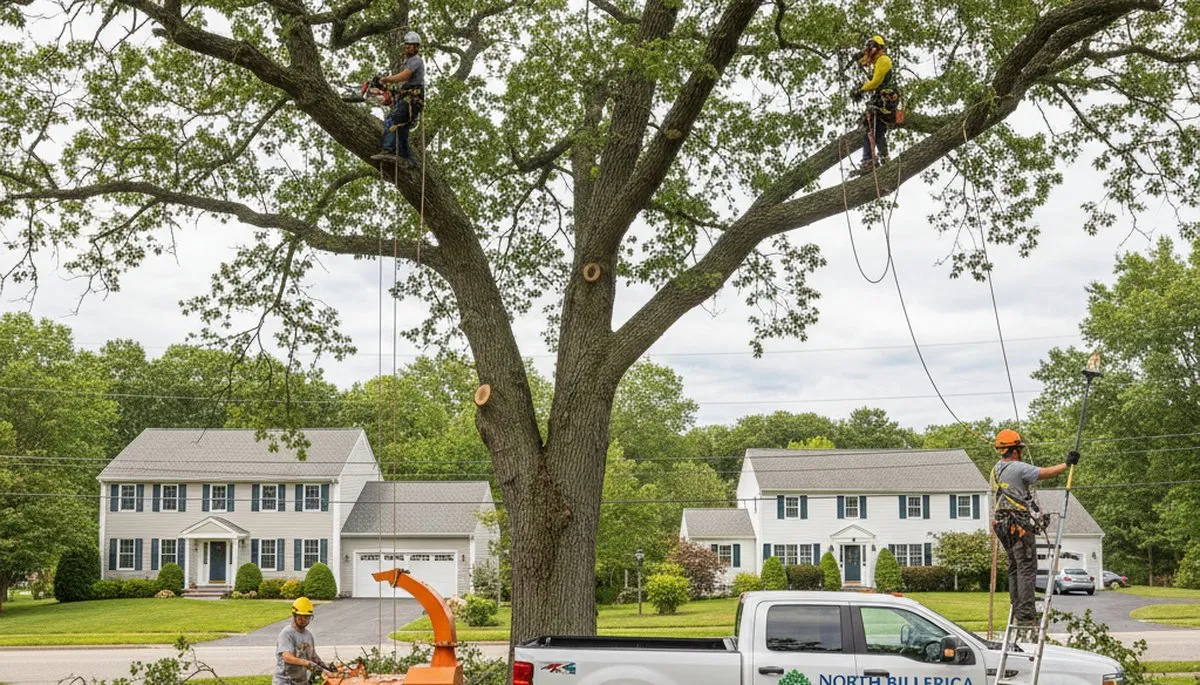 Professional tree removal service in Andover MA safely cutting large oak near residential property