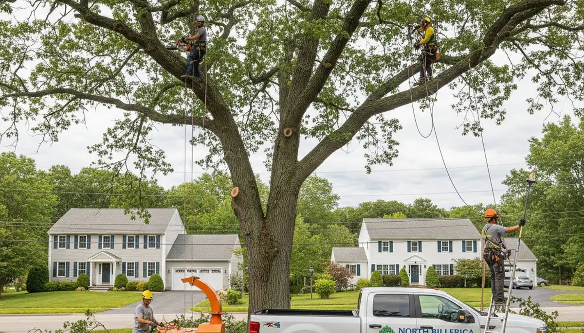 Professional tree removal service in Andover MA safely cutting large oak near residential property