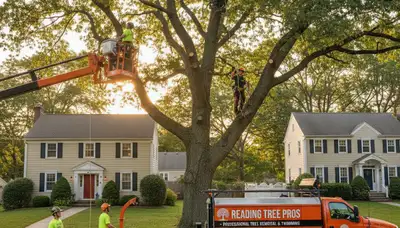 Professional tree removal service crew working safely in Andover MA residential yard