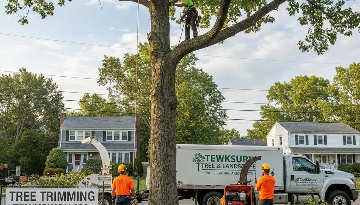 Professional tree removal service crew in Andover MA safely cutting down large oak tree