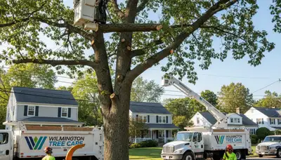 Professional tree removal service crew in Andover MA safely cutting down large oak tree